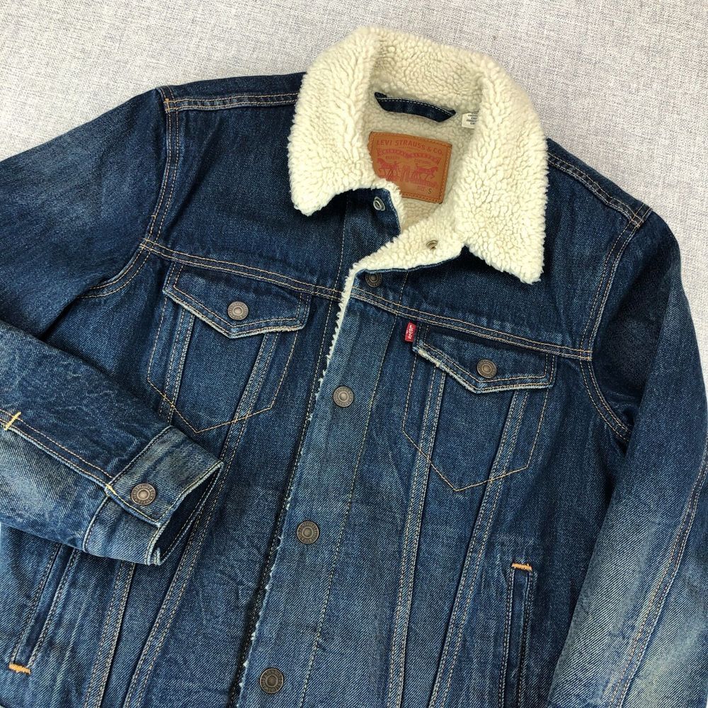 Levi's Trucker Sherpa Lined Denim Jacket Blue Pockets Men's Size S 100% Cotton